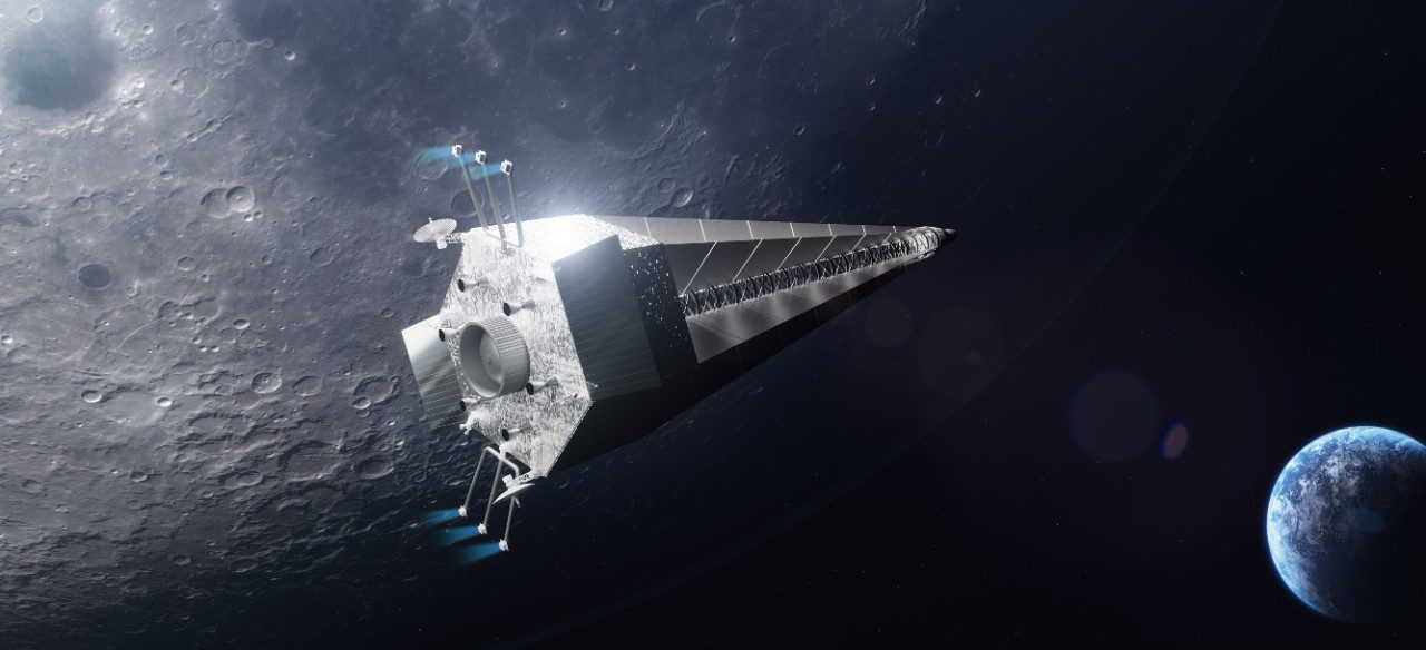 Image render showing the JETSON nuclear electric propulsion system above the lunar surface.